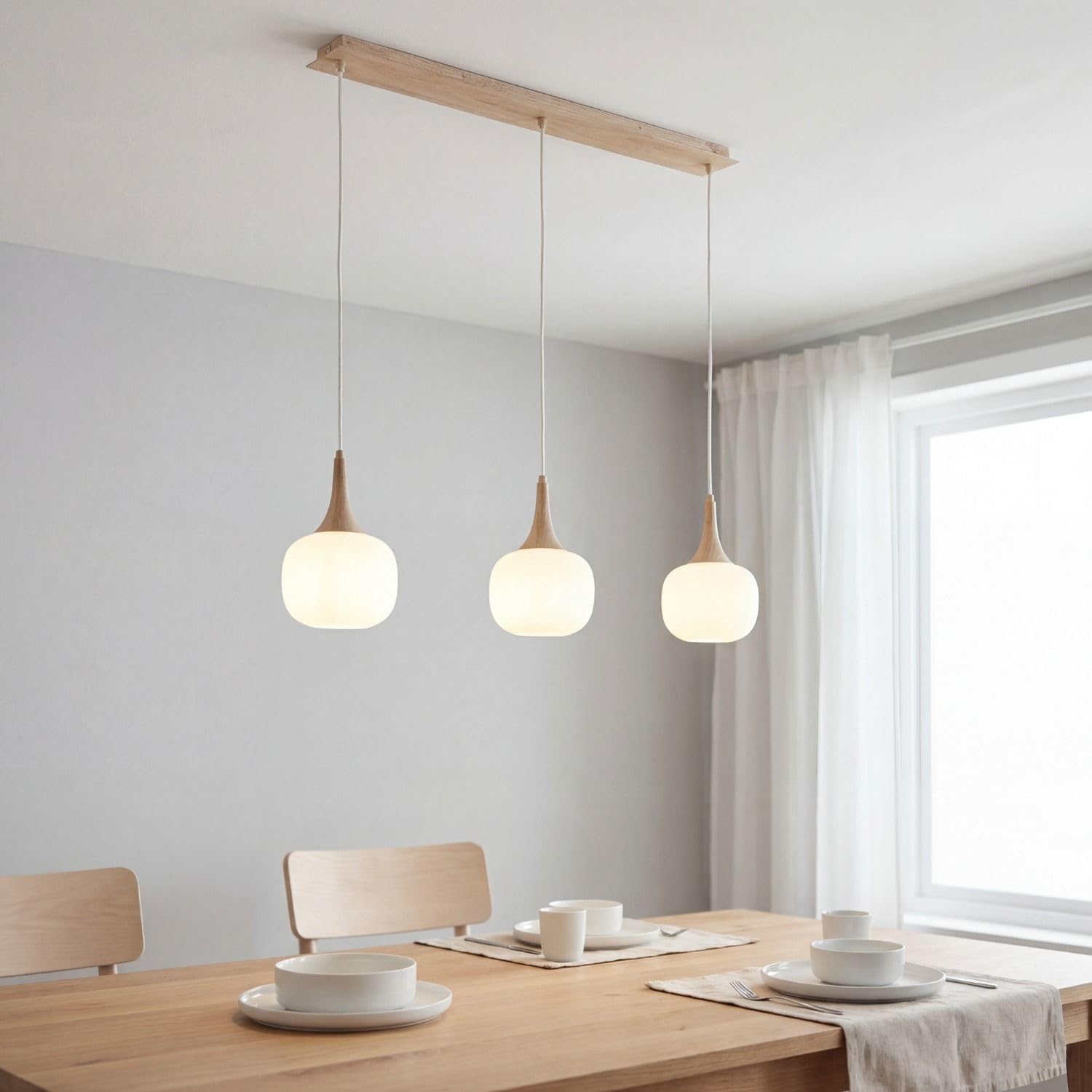 Lámpara colgante para mesa alargada moderna de vidrio y madera regulable en altura L:97 cm de tres luces E14 antideslumbrante ideal para sala de estar y comedor estilo escandinavo
