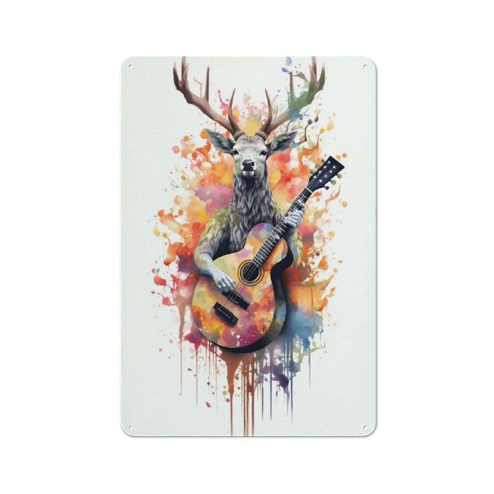 Junmoney Deer Playing Guitars Tin Wall Plaque 30X20cm With For Living Room Wall, Gift For Feature Wall Decorators During The Christmas Season