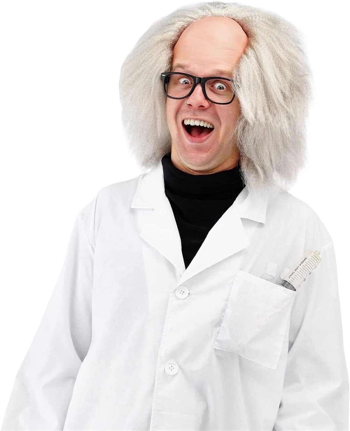 Halloween Party Fancy Dress Wig Old Man Bald Einstein Mad Professor Wig Black White Costume Party Novelty Balding Wig Semi-bald Crazy Scientist Supplies for Women Men