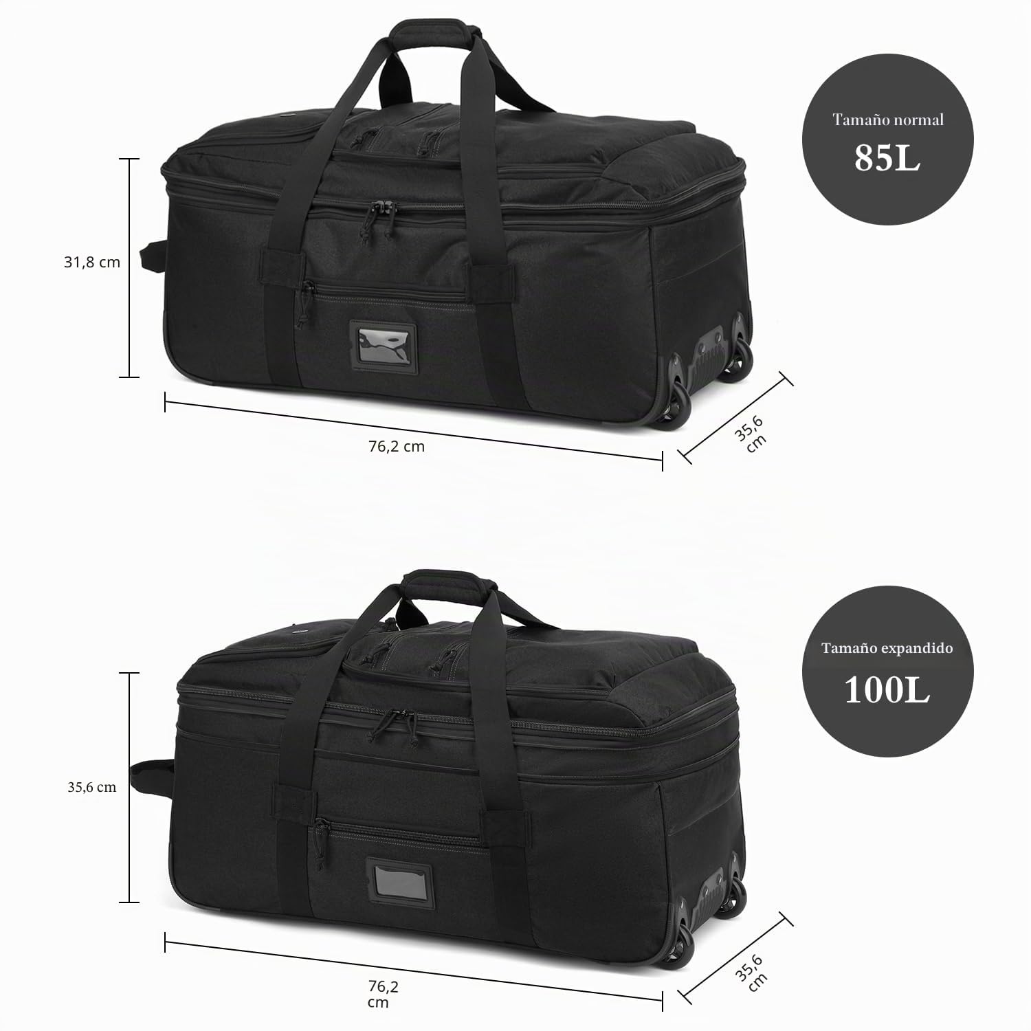 Bolsa de Viaje Plegable con Ruedas Grande 85-100L Expandible Bolsa Deporte Hombre Maleta con Ruedas para Camping Viajes Weekender Duffle Bag, Negro