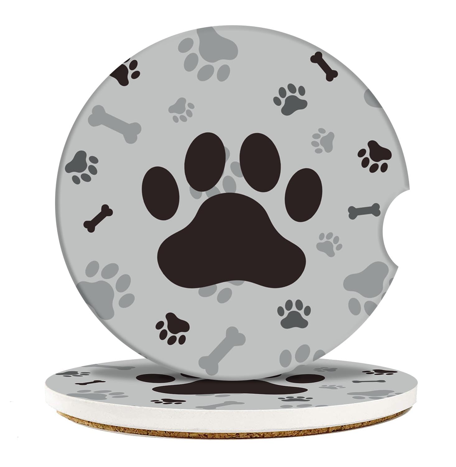 Photo 1 of ***missing 1***Britimes Absorbent Car Coasters 2 Pack for Cup Holders, 2.56" Ceramic Stone & Non-Scratch Cork Base Drink Coasters Dog Footprints