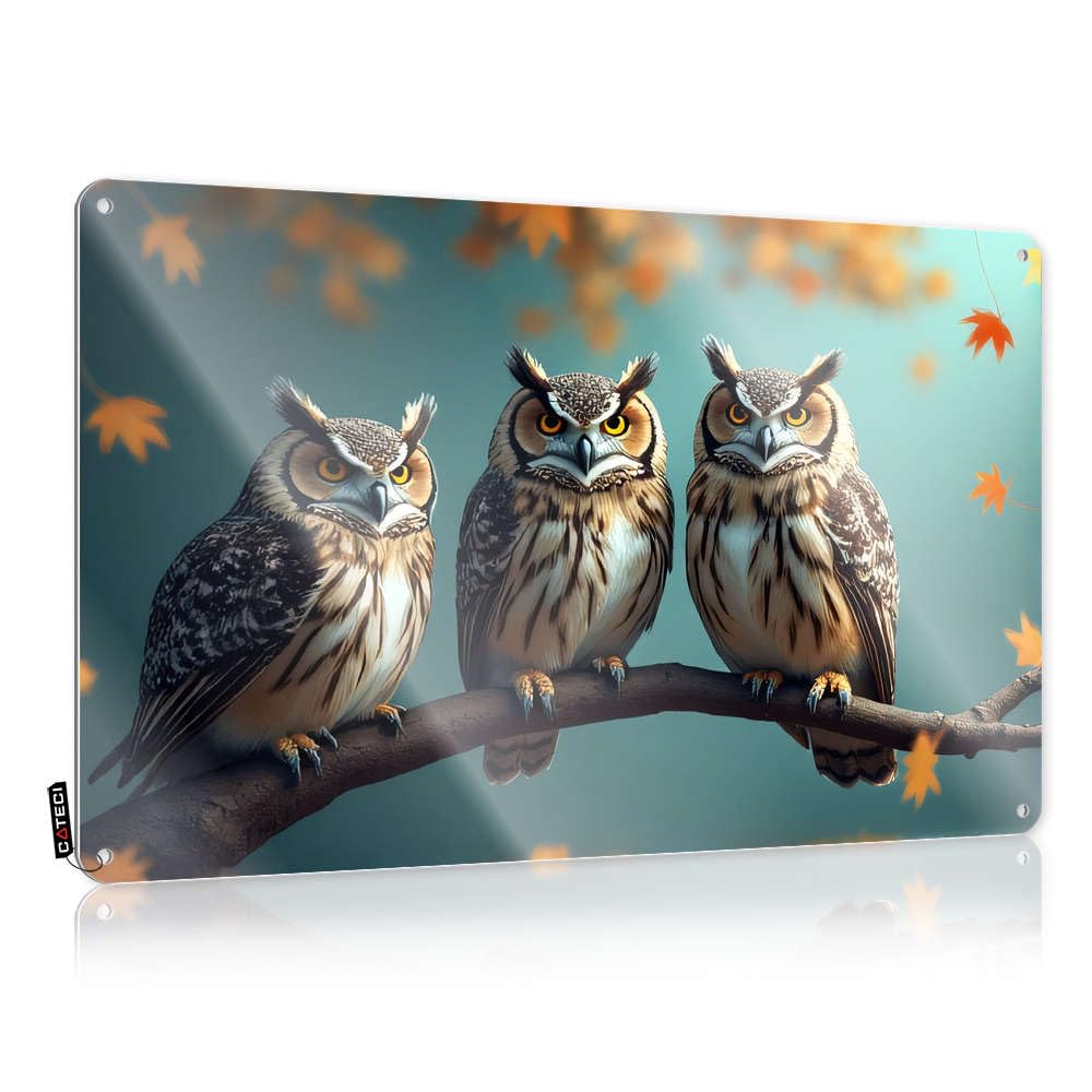 Fzfn Men's Colour Three Wise Owls Perched On A Branch Unique Upgrades - Tin Metal Decor Ideas Hanging Wall Decor(20X30cm)