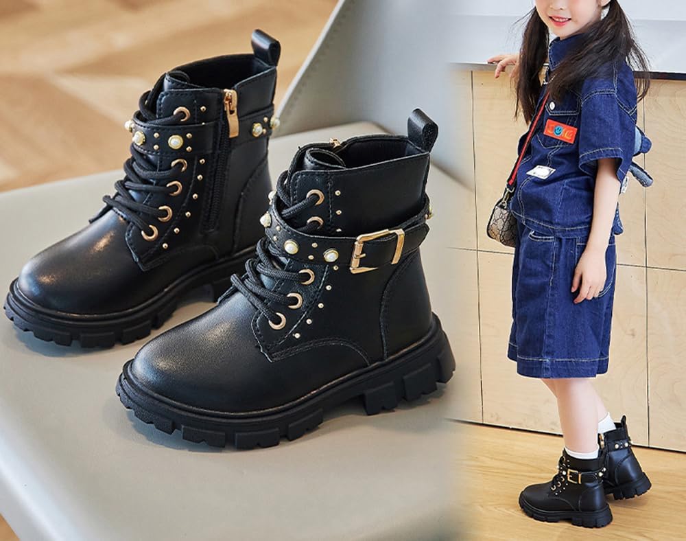 Girls Ankle Boots Spring Transition Lace Up Combat Booties Pearl Studded Riding Shoes (Toddler/Little Kid/Big Kid)