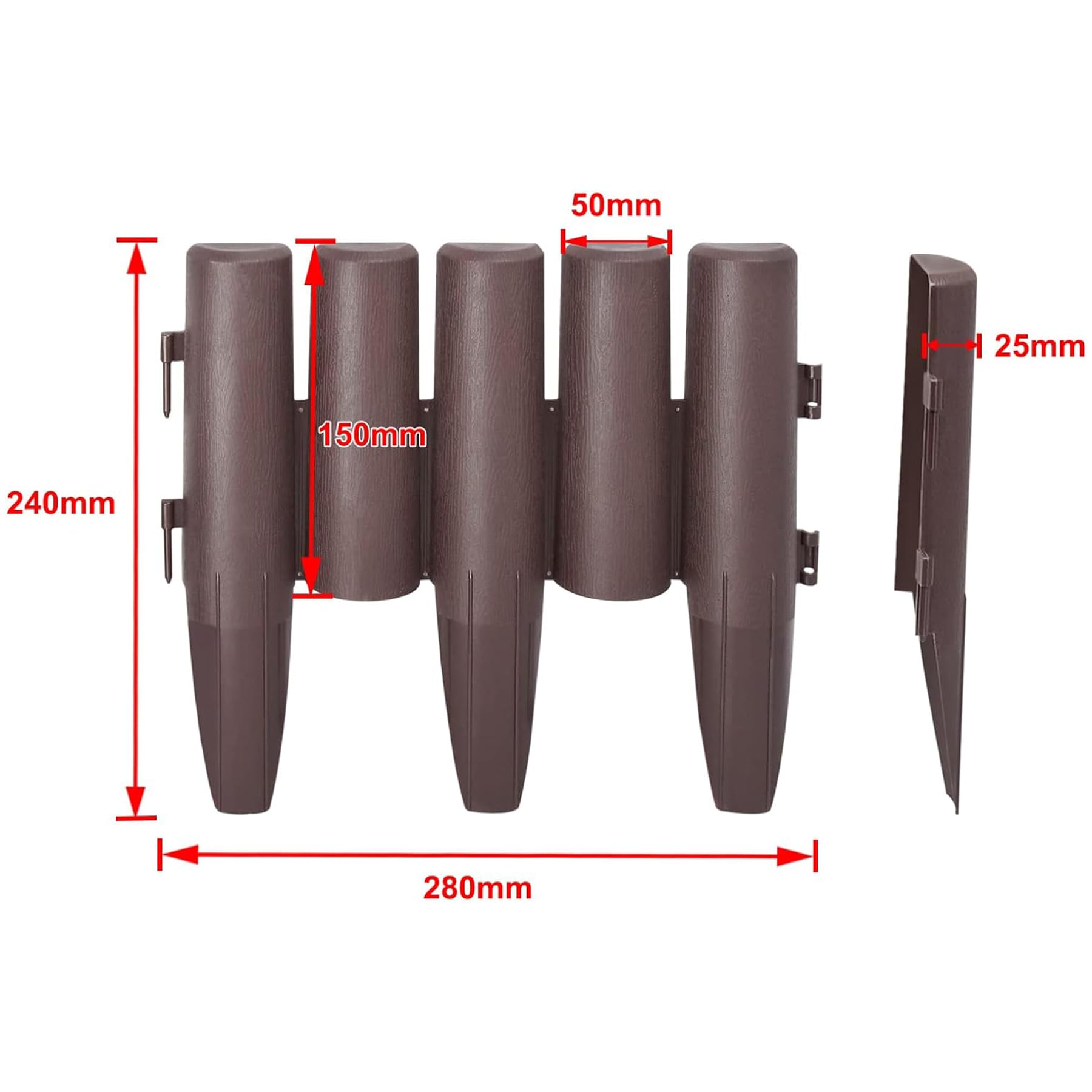 Froadp Bordo per prato, in plastica, 28 x 24 cm, effetto legno, decorativo per palizzata, bordo flessibile per aiuole da giardino, recinzioni per frutteti (14 m = 50 pezzi, marrone)