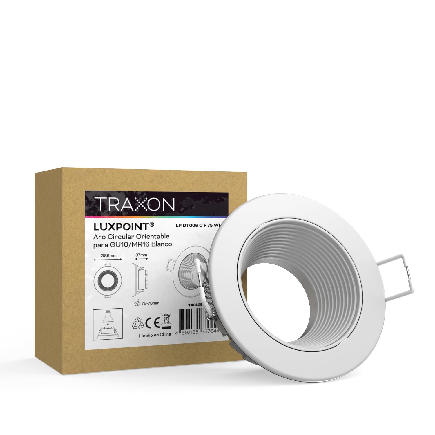 TRAXON LUXPOINT® Aro Circular Orientable Blanco DT006 para bombilla LED GU10 Marco de Bombilla Aluminio+PC corte techo Ø75mm (Pack 10 und)
