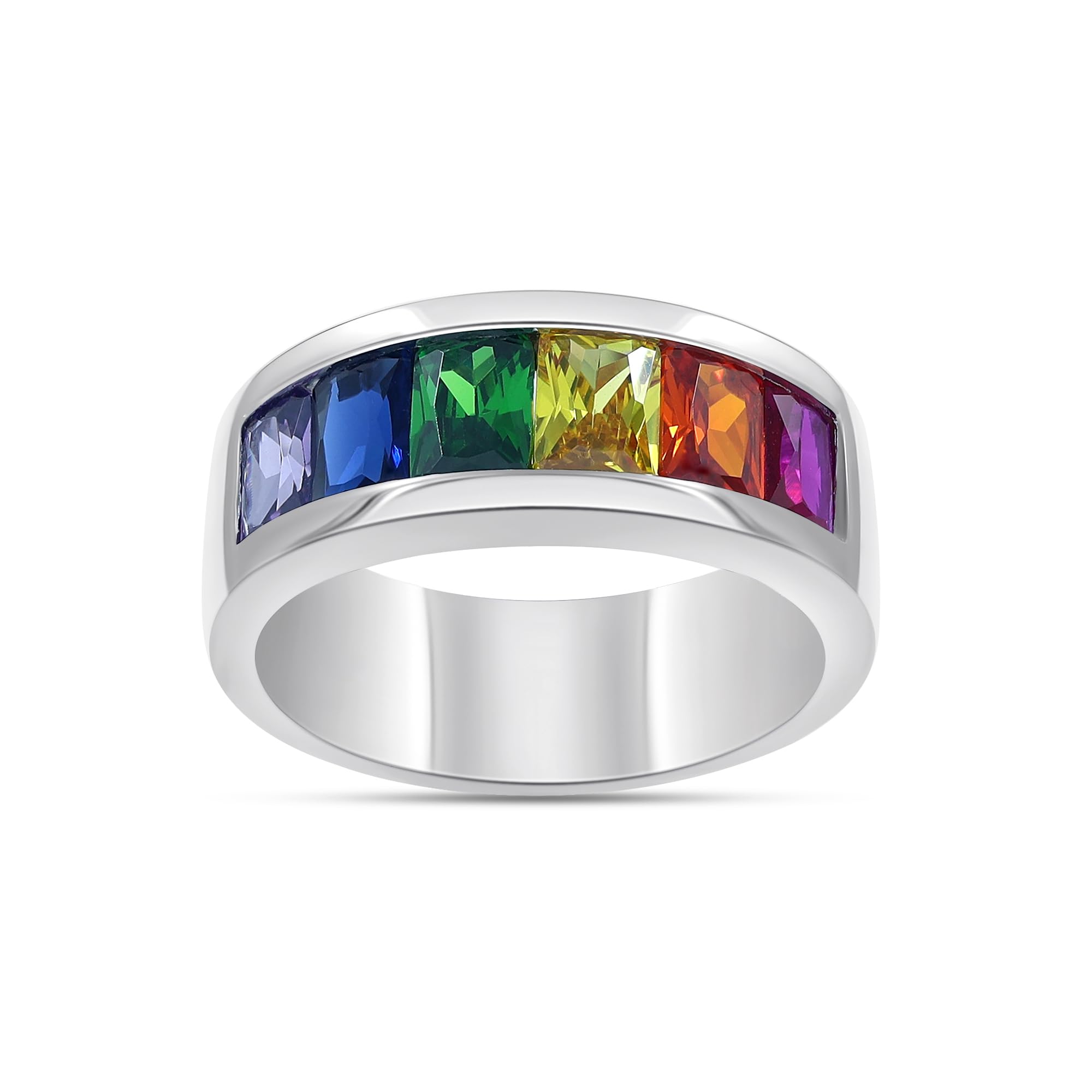 Men Wedding Band Ring 6X4MM Emerald-Cut Multi Color Cubic Zirconia Rainbow Half Eternity Ring in 18k Gold Plated Jewelry Gift for Him