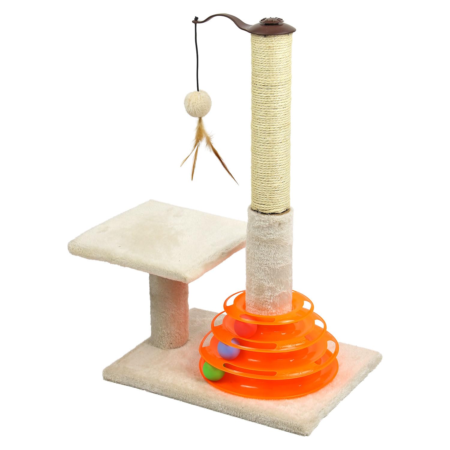 Taylor & Brown 25โ Tall Cat Scratching Post, Cats Scratcher Kitten Scratch Post Indoor with Sisal Pole & Interactive Cat Tracks Toy Balls, Covered with Soft Plush Carpet, Beige