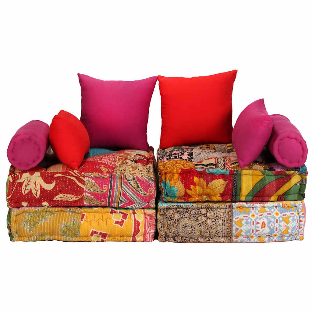 SYDE Puf Modular 2 Plazas Tela Patchwork Algodon | Convertible en sofa o cama, cojines decorativos, max 110 kg por asiento, estilo unico