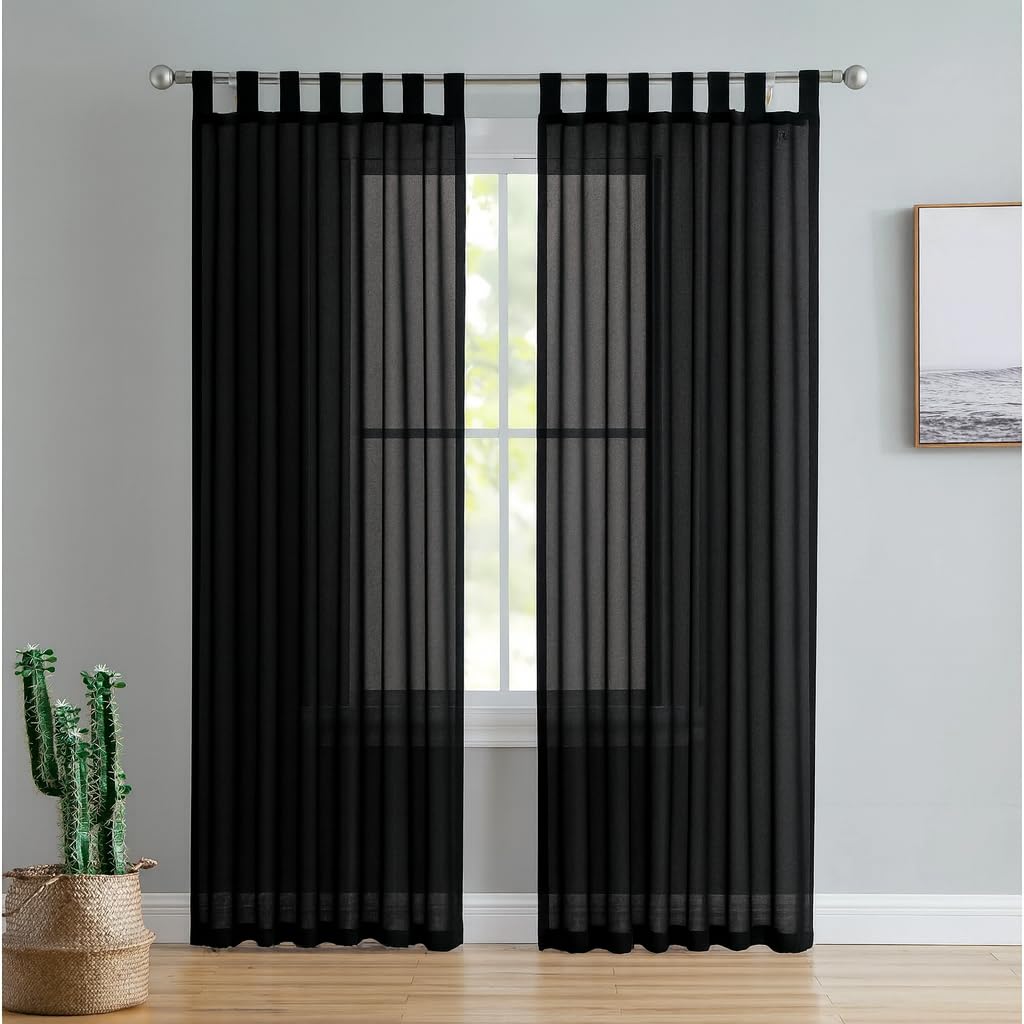 Megachest Tab top stripe voile sheer curtain with tie backs(Black,W 56" x L 90" (2 Panels))