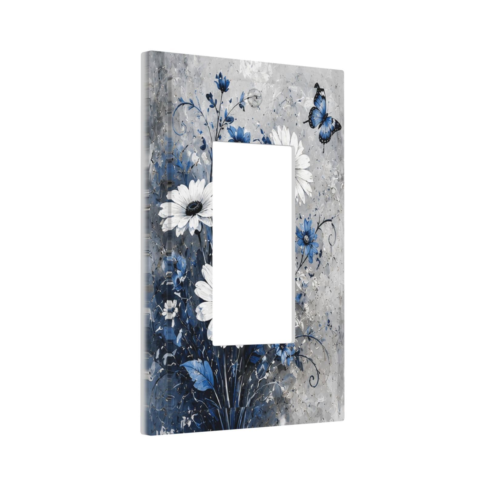 Yamxbfa Decorative Outlet Covers Vintage Blue White Daisy Floral Blue Butterfly 1 Gang Rocker Light Switch Cover Plate Single Wall Plates for Electrical Switch Plate Covers Faceplate for Home Decor