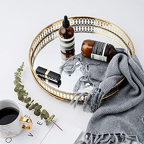 Bandeja de metal para servir dorada, bandeja de espejo con espejo de cristal, decorativa, bandeja para servir cosméticos, dulces, 32 x 32 cm