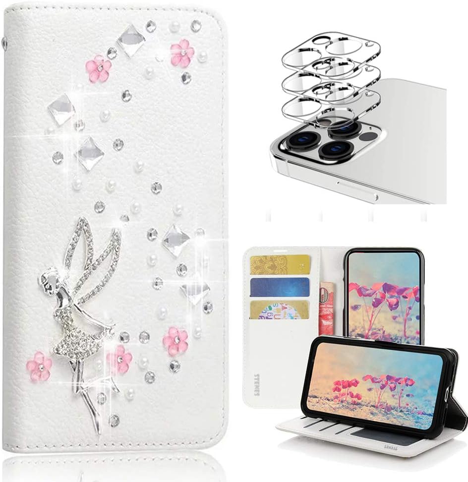 STENES Bling Wallet Phone Case Compatible with iPhone 12 Pro Max Case - Stylish - 3D Handmade Butterfly Mermaid Design Leather Cover with Camera Lens Protector [3 Pack] - Light Blue