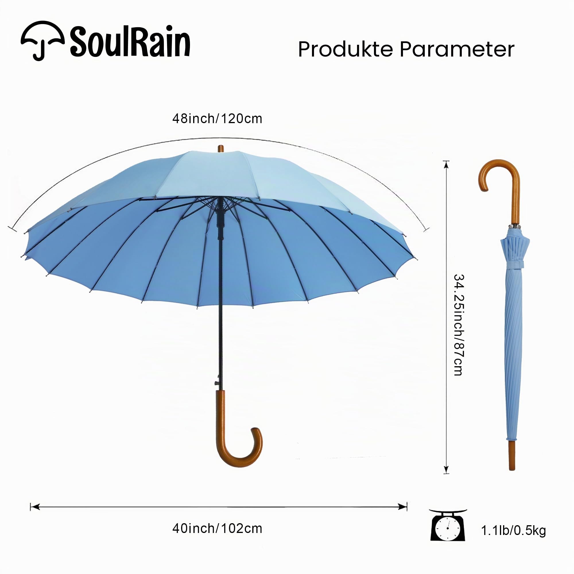 SoulRain 16 Rippen 121,9 cm Stockschirm, automatisches Öffnen, einfarbig, modisch und einfach, bogenförmiger klassischer Holzgriff, winddicht, unzerbrechlich, Regenschirm (Sora)