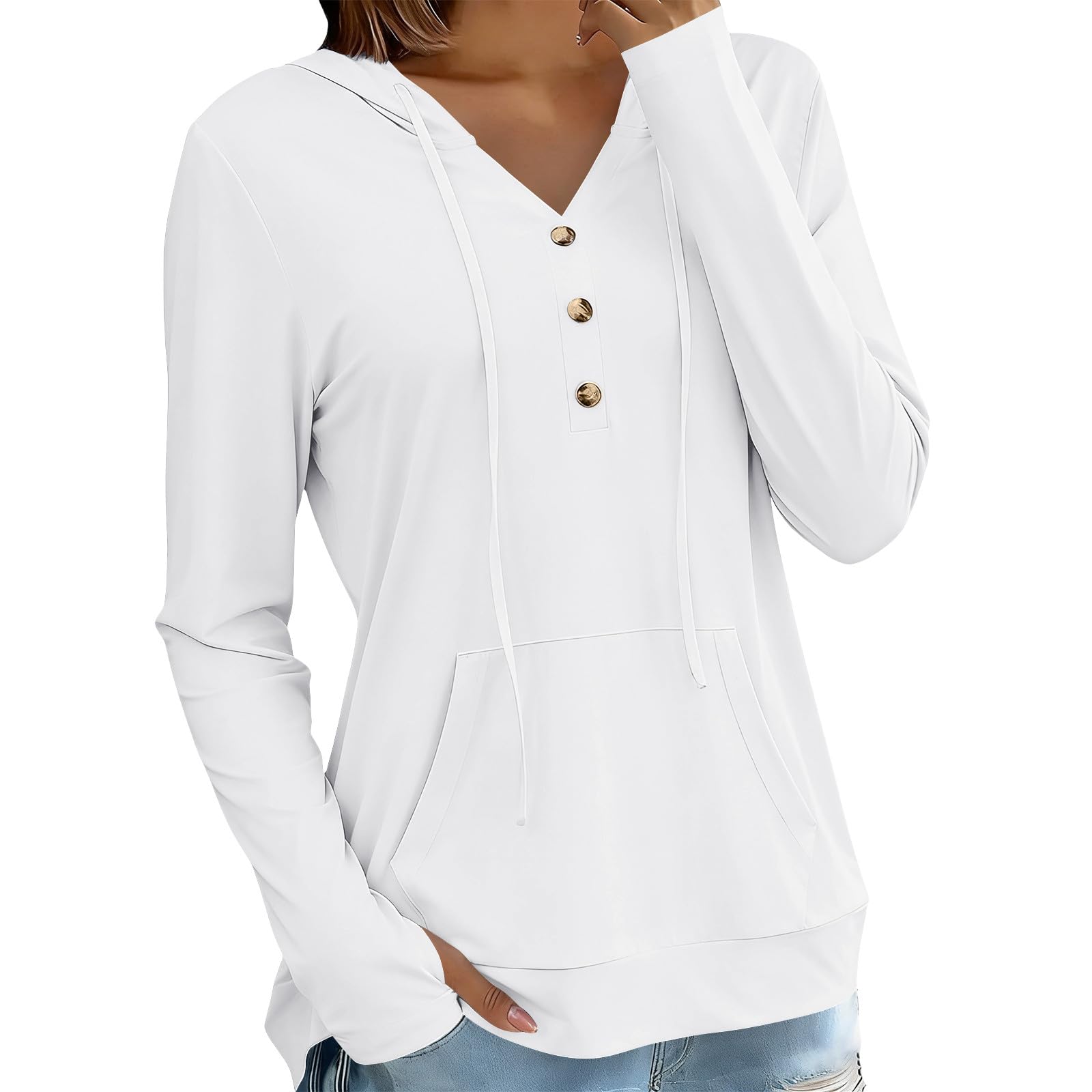 Sonnenschutz Hoodie Damen Sommer Dünne Sweatshirt mit Kapuze Knöpfe V-Ausschnitt Kapuzenpullover Schnelltrocknend Langarmshirt Locker Hoody Oberteile Leichte Langarm Sportshirt Casual Strand Top