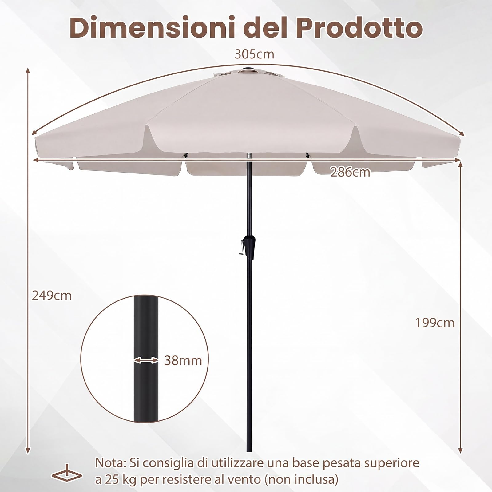 COSTWAY Ombrellone da Giardino 290 cm, Inclinazione Regolabile, con 8 Stecche, Borsa da Trasporto, Anti-UV, per Balcone, Piscina e Terrazza