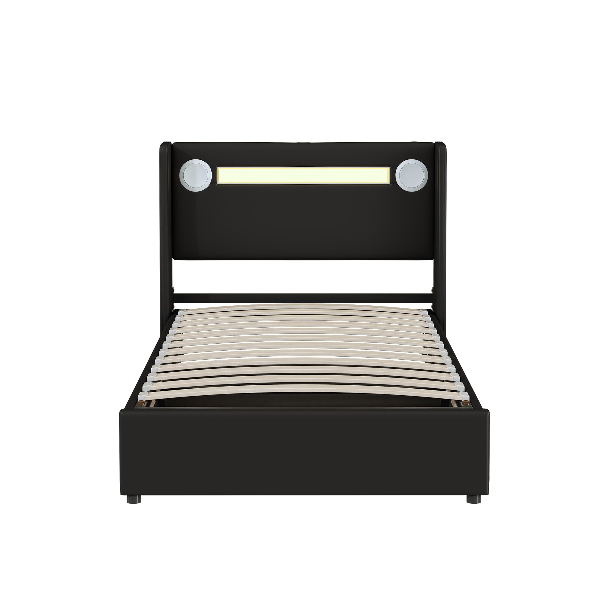 Merax Cama tapizada de 90 x 200 cm con tiras de luz LED, espacio de almacenamiento cama con reproductor Bluetooth y carga USB, para jóvenes, adultos, piel sintética negra (sin colchón)