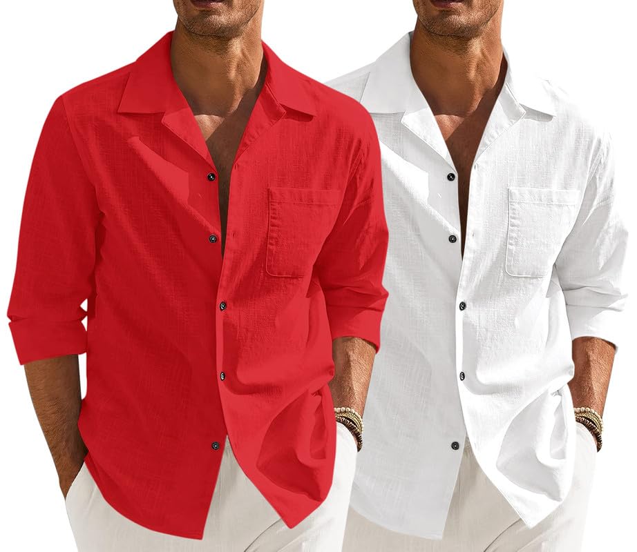 Image of Combo of Men's Casual Cotton Blend Shirt || Long Sleeve Button Down with Spread Collar | Lightweight Breathable Fabric | Stylish Solid Shirt for Beach, Office & Everyday Wear Pack of 2