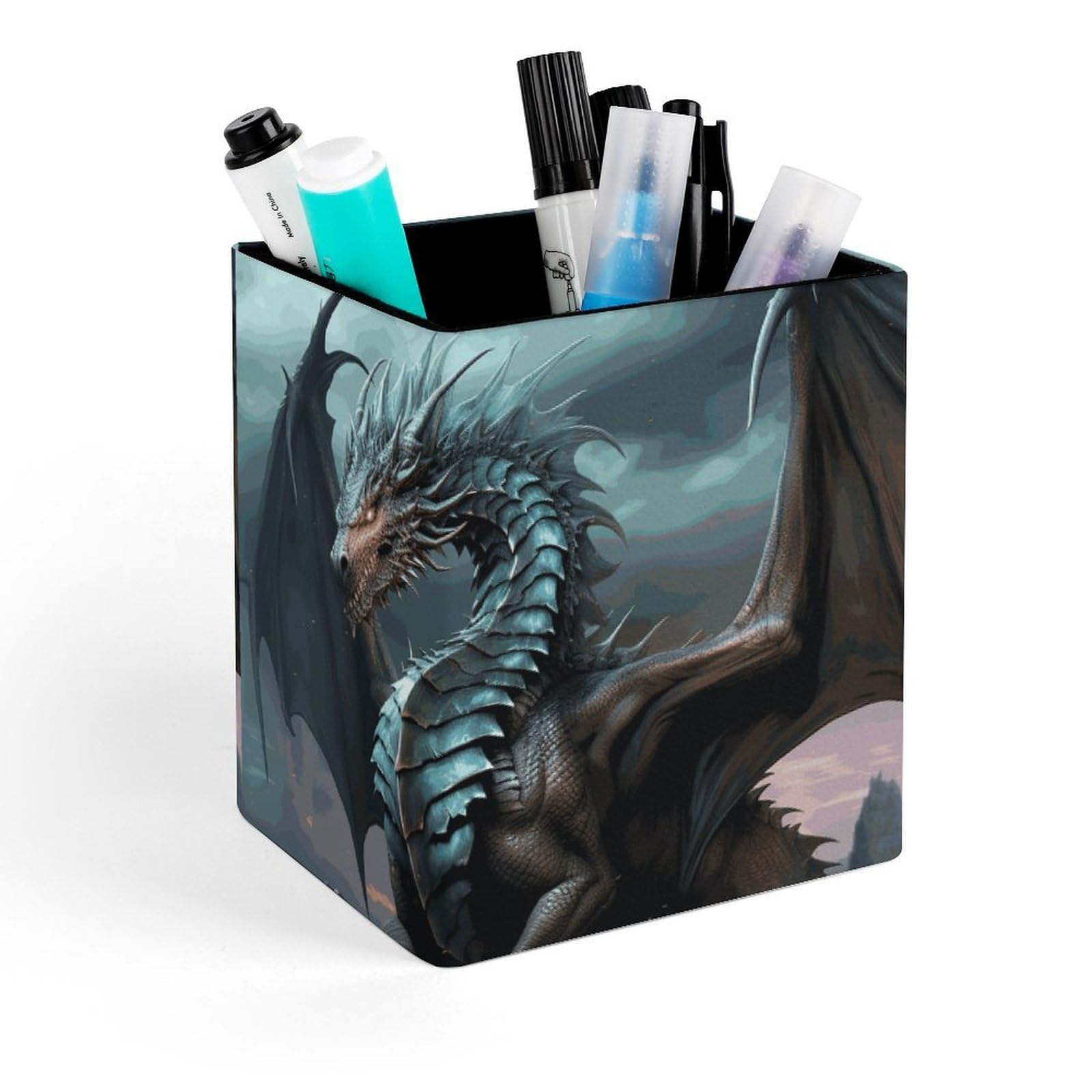 DWVTSLH Aesthetic Pen Holder for Desk - Modern Leather Pencil Holder - Stylish Square Makeup Brush Holder - Cool Dragon Pen Cup Cute And Functional Desk Organizer for Office Supplies