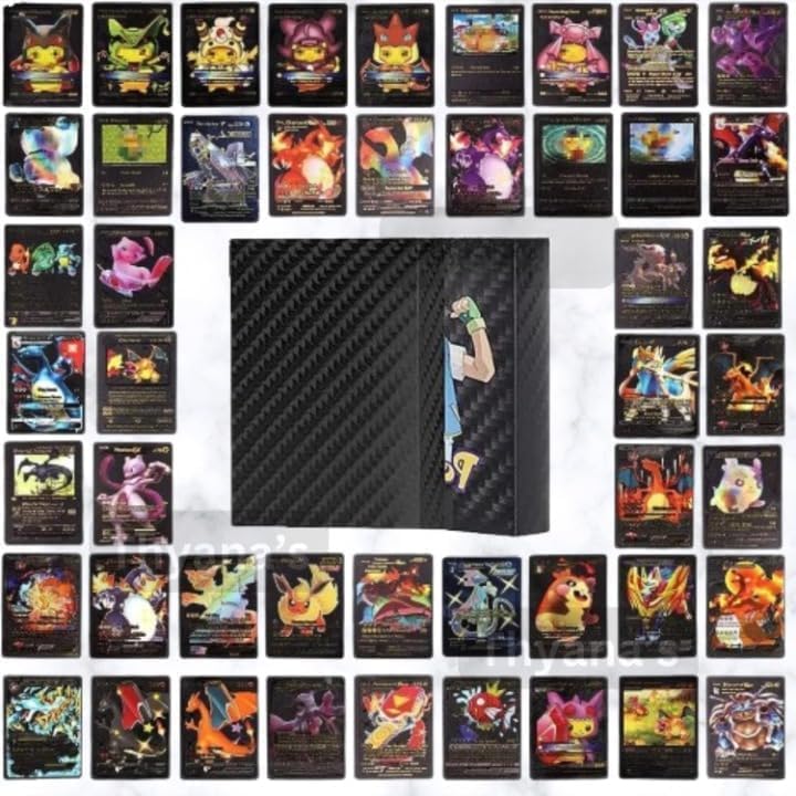 Image of Premium Black Foil Pokemon Card Game Set - 55 Rare Unofficial VMAX GX VSTAR Cards | Shiny Battle Trading Cards For Kids & Collectors | Gift Pack - Black