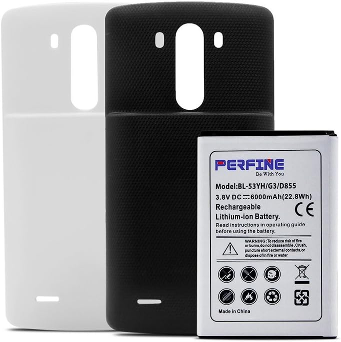 Perfine LG G3 Extended Battery 6000mAh With Back Case Covers Black-White BL-53YH Replacement Cell Phone Batteris