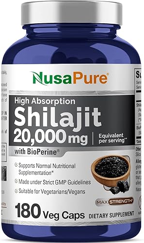 NusaPure Shilajit 20,000 mg por porción, 180 cápsulas vegetales, sin OMG, sin gluten, bioperina