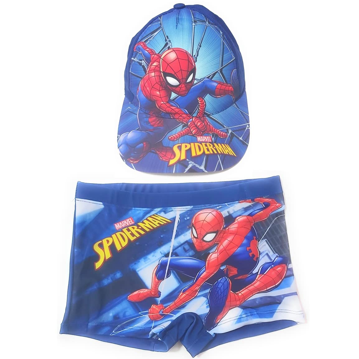 REQUETEGUAY Bañador Spiderman para Playa o Piscina + Gorra Spiderman para Niños | Bañador Spiderman Tipo Bóxer + Gorra Ajustable Spiderman (8-9 años, Azul Marino)
