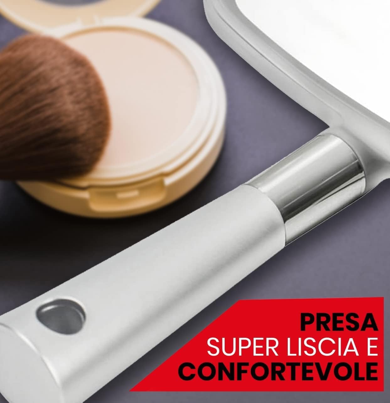 Mirrorvana Specchio a mano portatile grande per trucco con manico ergonomico - specchio cosmetico argento
