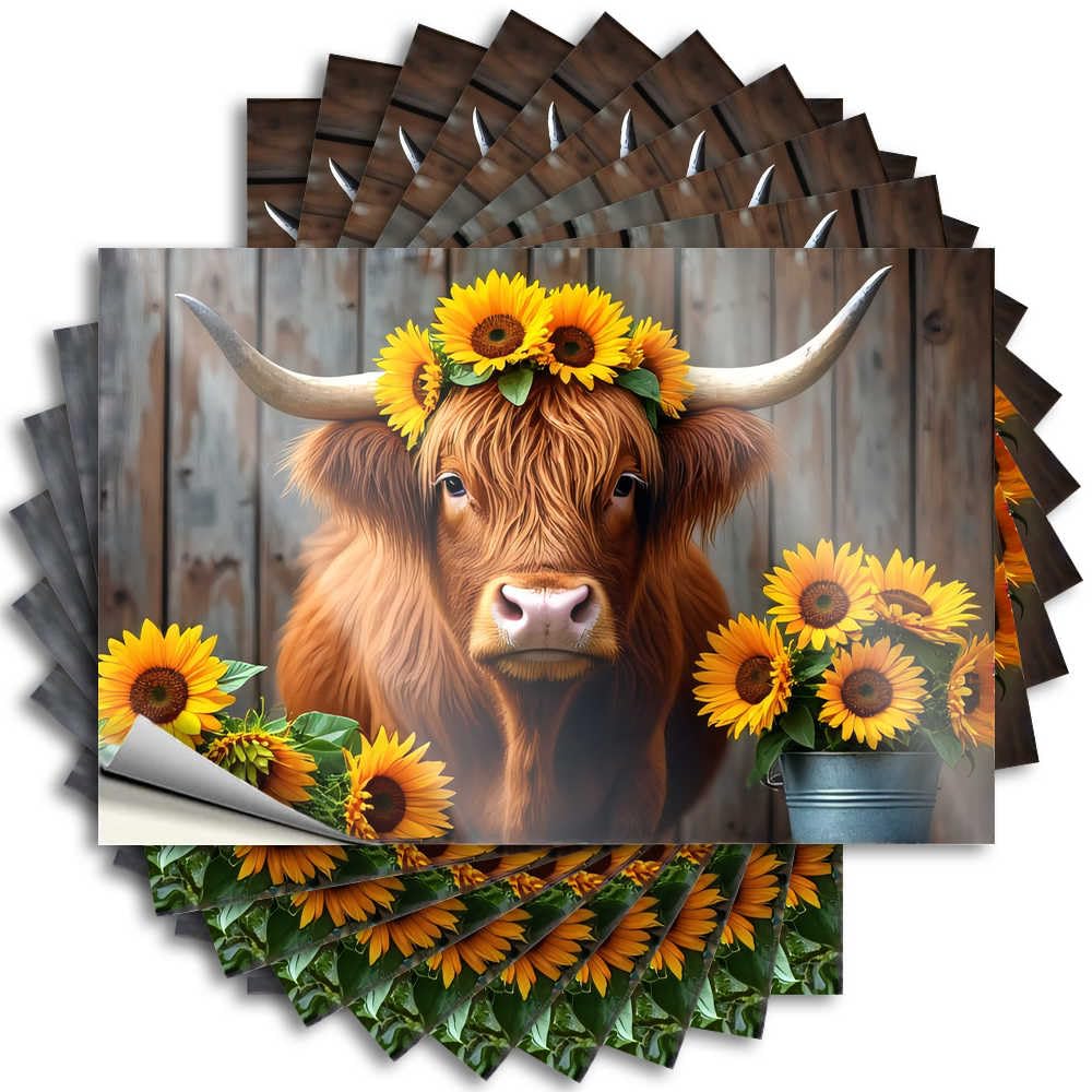 Outdoor Porch Decor Love Sticker - Sunflower Crowned Highland Cow Removable Decal Door Easy Peel for Christmas(12X18CM)