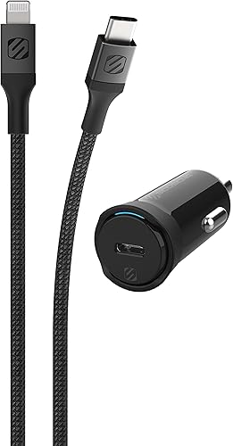 Scosche CPD20Ci4B4 Powervolt 20W USB Tipo-C PD 3.0 Cargador de coche negro con certificado MFi USB-C a Lightning carga y sincronización trenzado
