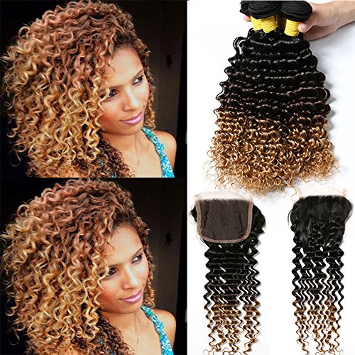 Hairitory Hair Peruvian Kinky Curly Virgin Hair With Closure Ombre 3 Bundles Deep Wave Human Hair Weave With Lace Closure # 1b 4 27 (12with10 10 10, 1B/4/27)