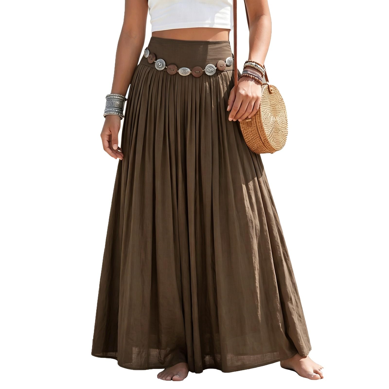 UYHBCNQD Retro Midi Long Skirt Solid Color Women's Maxi Skirts with Waist Chain(Caf�,Lagre)