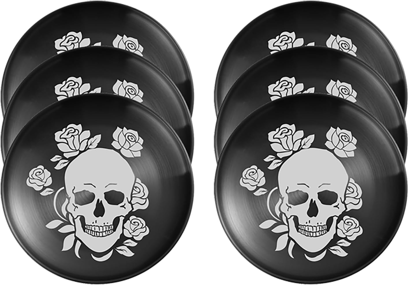 XIAOYU 6 Pack Halloween Skeleton Stainless Steel Dinner Plates, Skull Gothic Round Metal Plates, Unique Skull/Flower Pattern Design, Metal Dinner Dishes For Dinner, Party, Camping, Dishwasher Safe