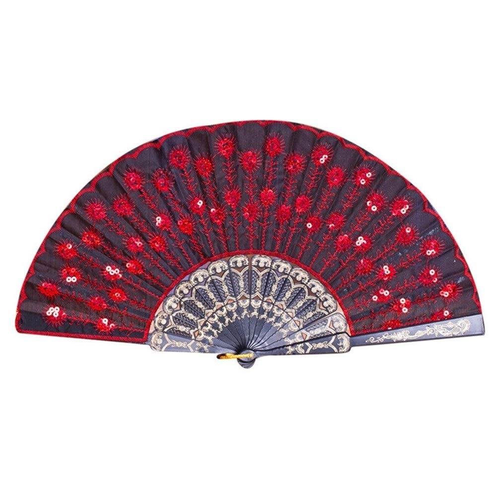 NZPOST Folding fan Peacock Pattern Folding Hand Held Fan Embroidered Sequin Party Wedding Prom Chinese Spain Hand Fan Folding fan (B)