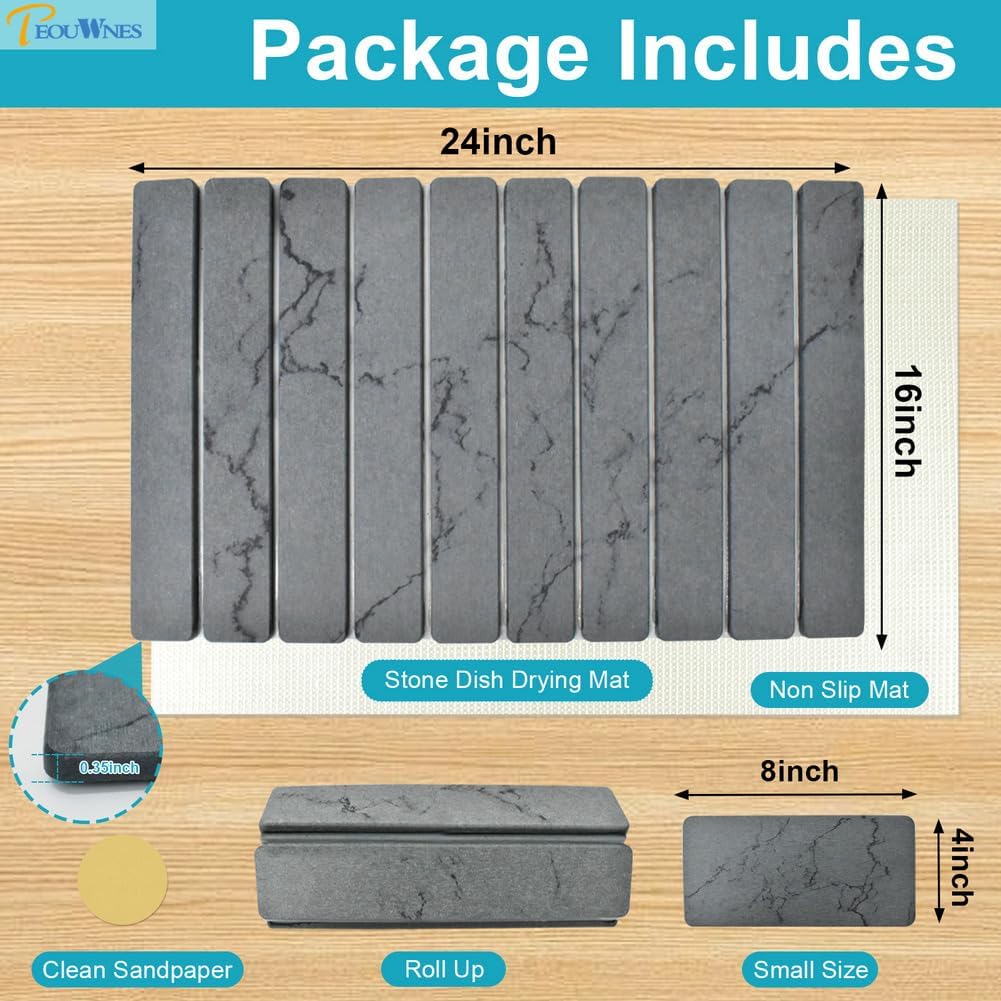 2 PCS Diatomaceous Stone Drying Mat for Kitchen Counter, Quick Dry Collapsible Stone Dishes Mats, Marbled Absorbent Bath Mat for Countertop Bottles Utensils Cups, Dark Gray 24"×16" & 8"x4"