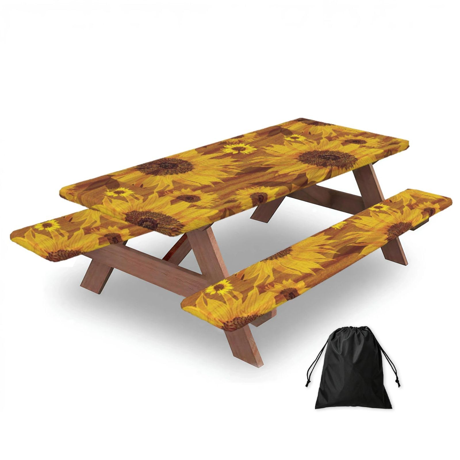 Yqxwjl Black Beautiful Sunflowers Print Camping Essentials Waterproof Camping Table And Bench Cover With Drawstring Bag 183 Cm