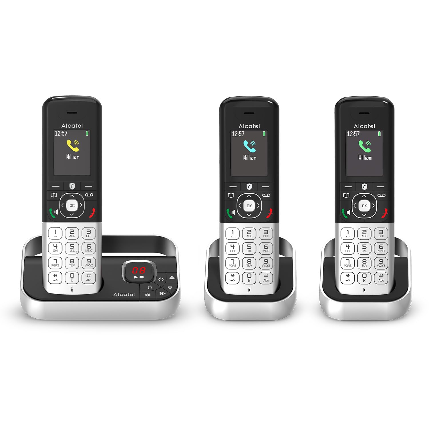 ALCATEL FX990 Voice Trio - Téléphone Fixe sans Fil DECT avec Répondeur 50 Min - Écran Graphique Couleur Haute Résolution - Mains Libres - Blocage des Appels - Sonnerie VIP - 3 Combinés - Noir/Gris