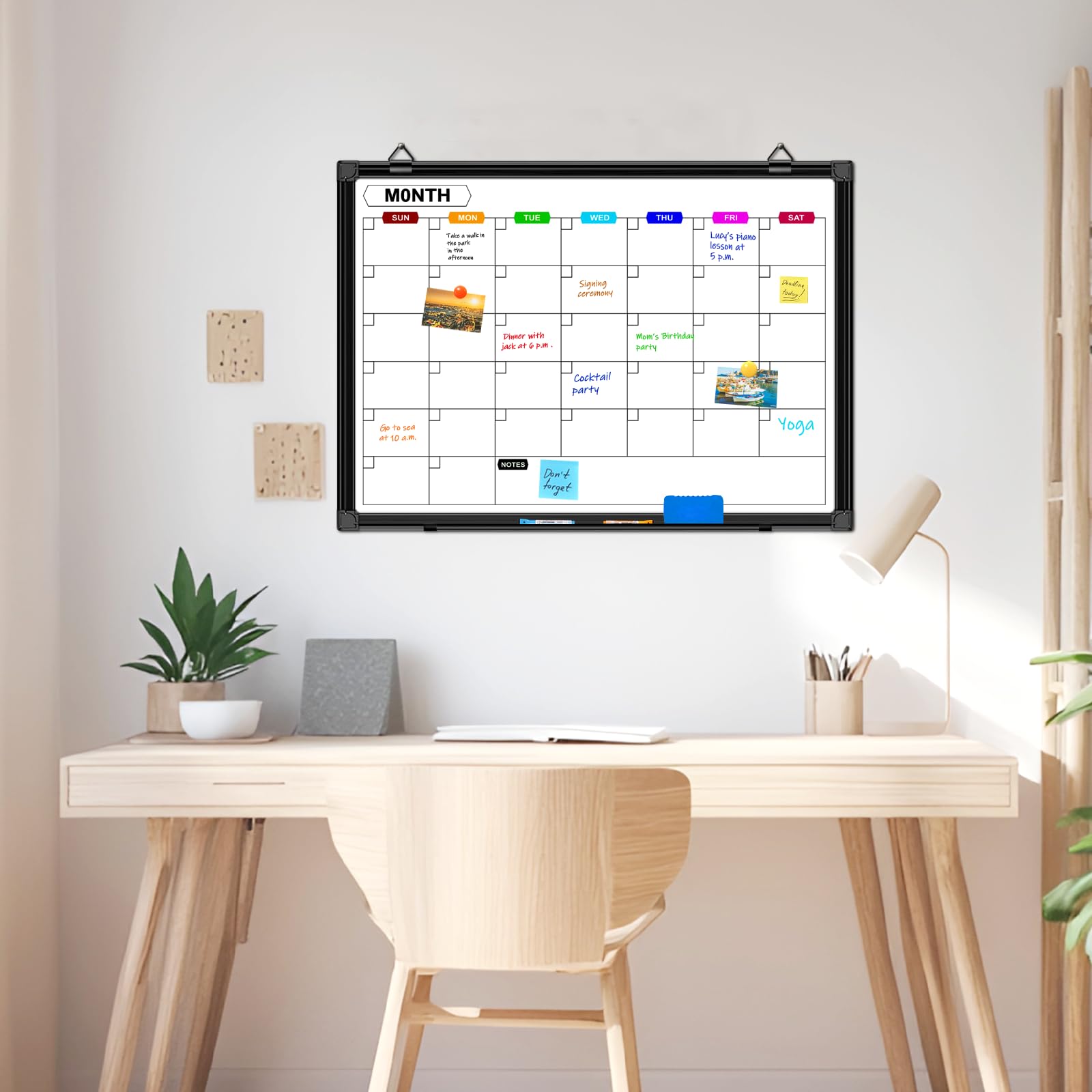 Pizarra blanca para pared de 24 x 18 pulgadas, calendario mensual de borrado en seco con marco de aluminio negro, pizarra de borrado en seco para oficina, hogar y escuela