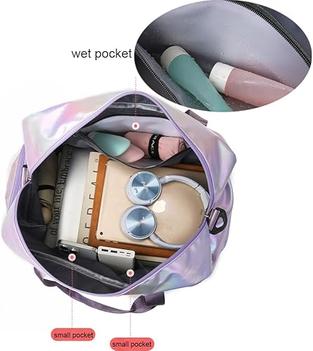 Miniatura 4 de Bolsa de lona holográfica brillante para gimnasio con compartimento para zapatos y bolsillo húmedo, bolsa de viaje para mujer para fin de semana