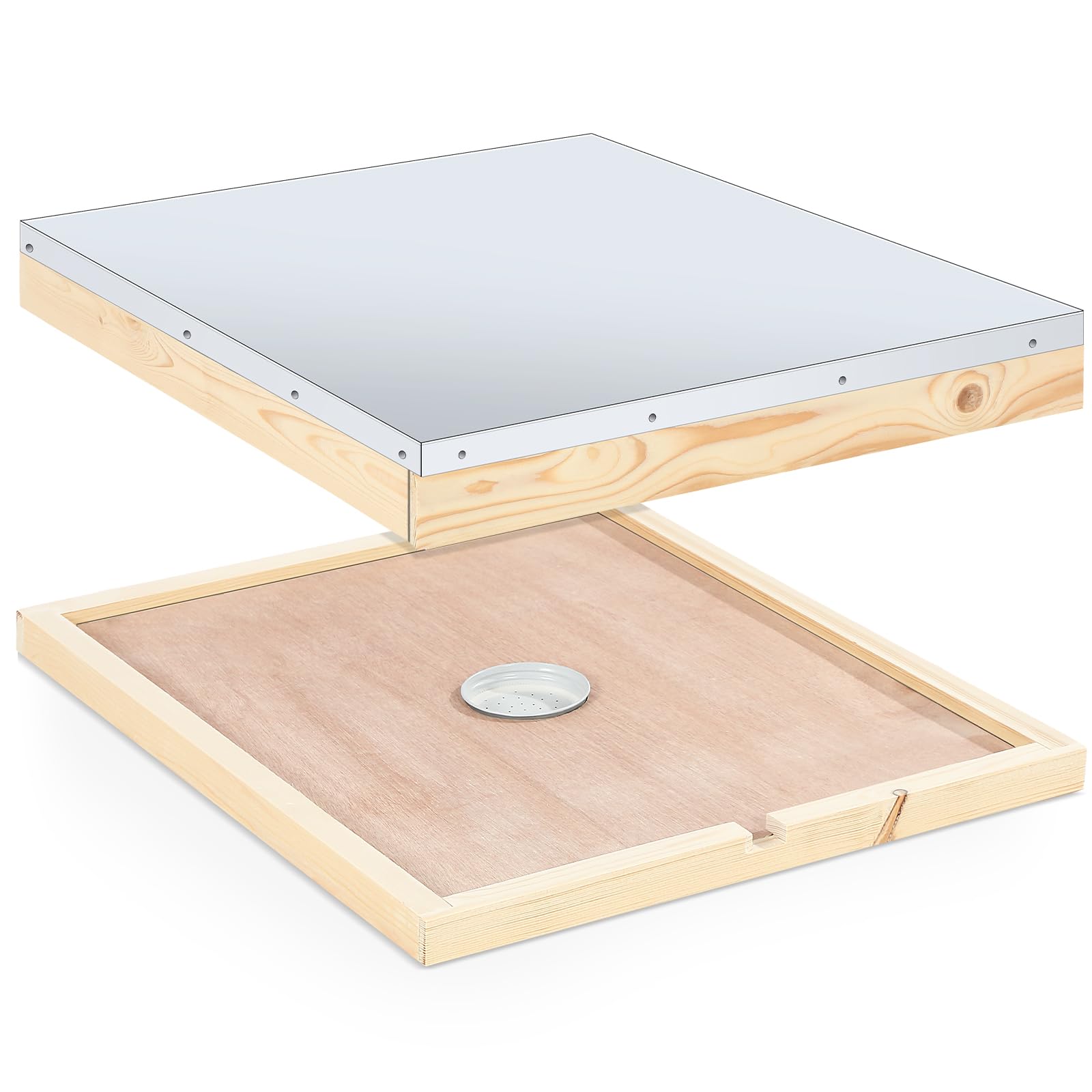 Colingmill 1pcs Mental Telescoping Hive Cover and 1pcs Beehive Inner Cover with 1pcs Feeding Jar Lids for 10 Frame Bee Hive, Beehive Part for