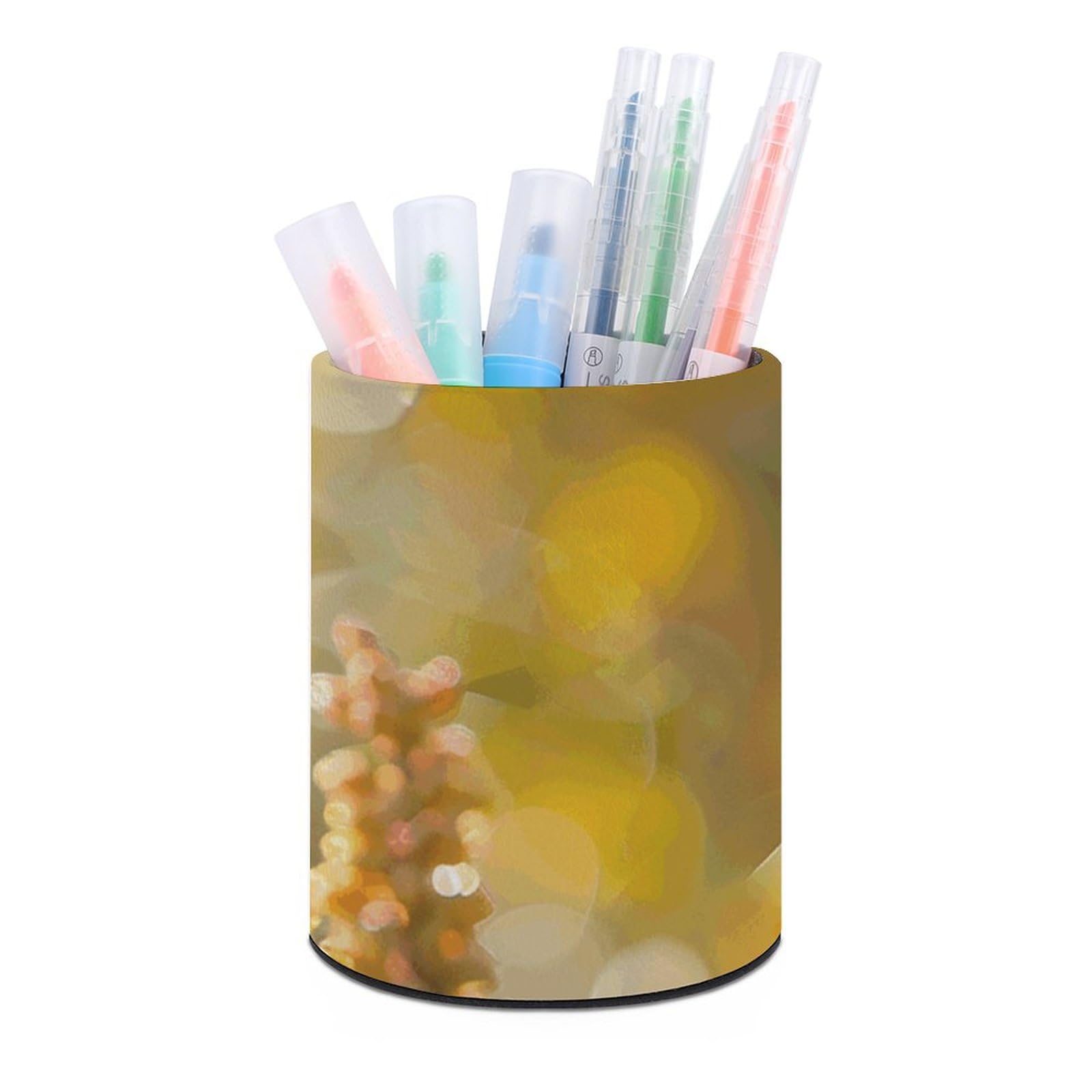 KLOPH PU Leather Pen Holder for Desk, Aesthetic Pencil Cup for Desktop, Makeup Brush Srotage for Pens Organizer Office Supplies, Green Buds And Leaves Pen Cup Pencil Caddy for Home Art Supply