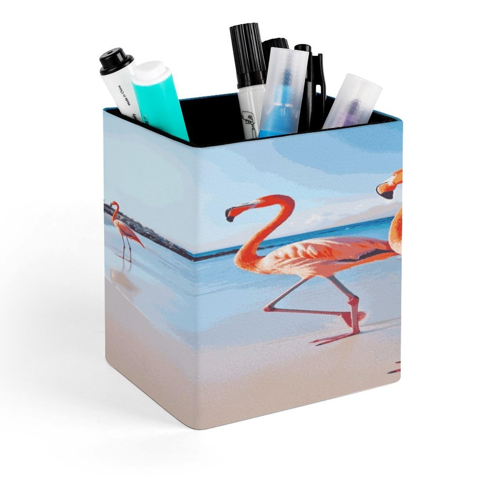 MUSM Pink Flamingo on Beach Pen Holder Square PU Leather Desktop Organizer And Makeup Brush Holder Storage Box Modern Design Stationery Organizer for Office Desk Accessory