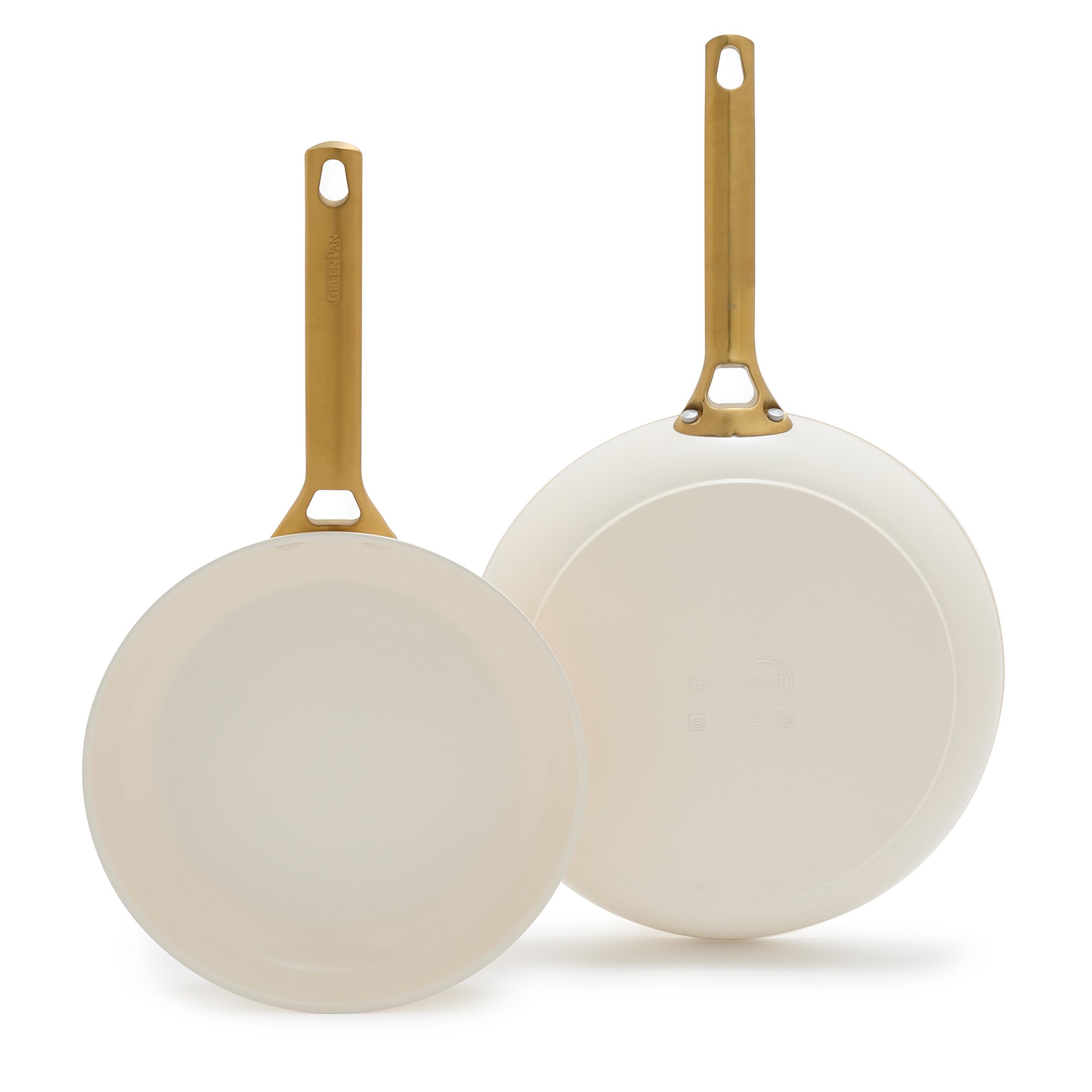 GreenPanHard Anodized Healthy Ceramic Nonstick 10" and 12" Frying Pan Skillet Set, Gold Handle, PFAS-Free, Dishwasher Safe, Oven Safe, Cream White