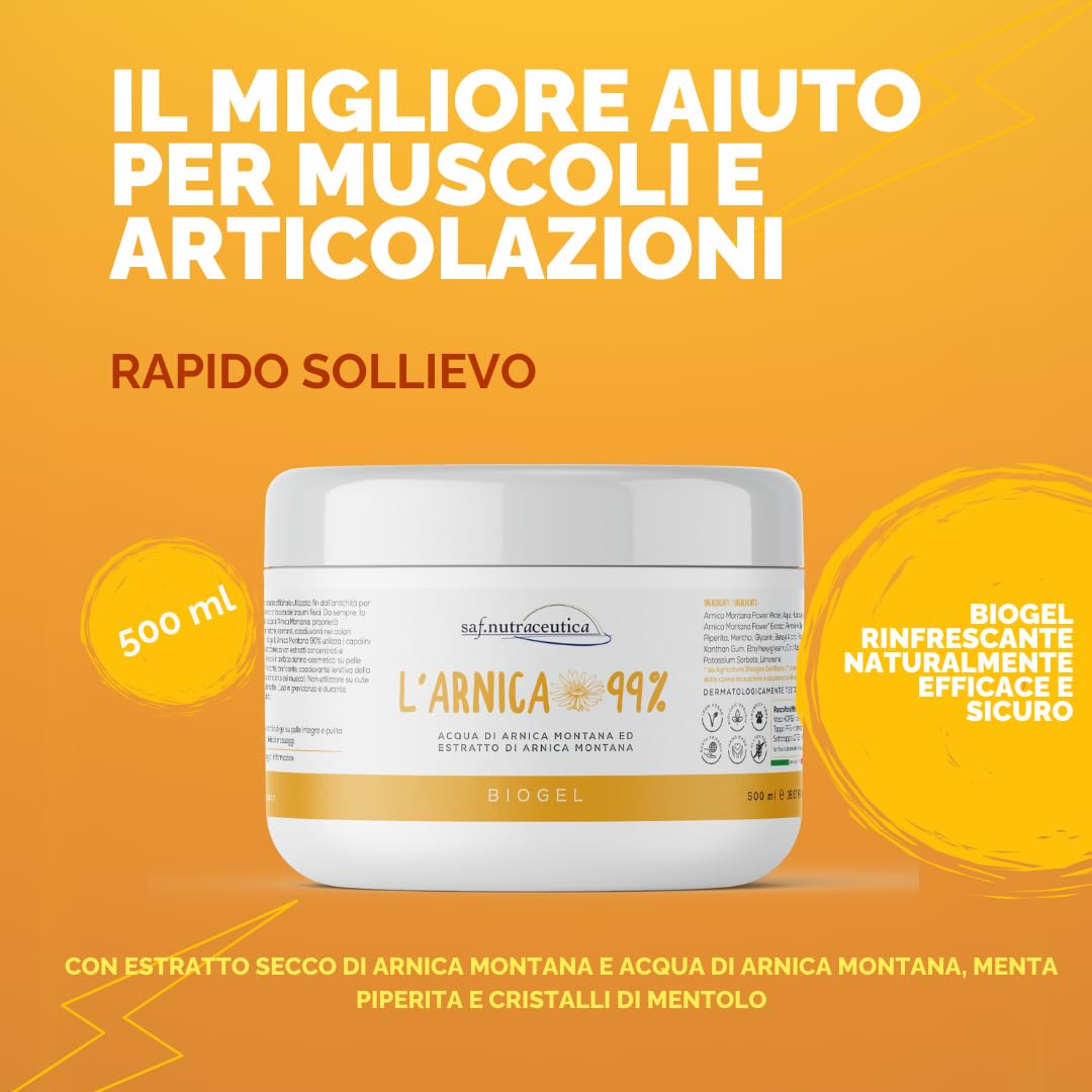 Saf.Nutraceutica - Árnica 99% para Caballos Uso Humano Biogel Extra Fuerte de Acción Rápida, 99% Natural, Superconcentrado con Tres Extractos de Arnica Montana, Dermatológicamente Probado, 500 ml