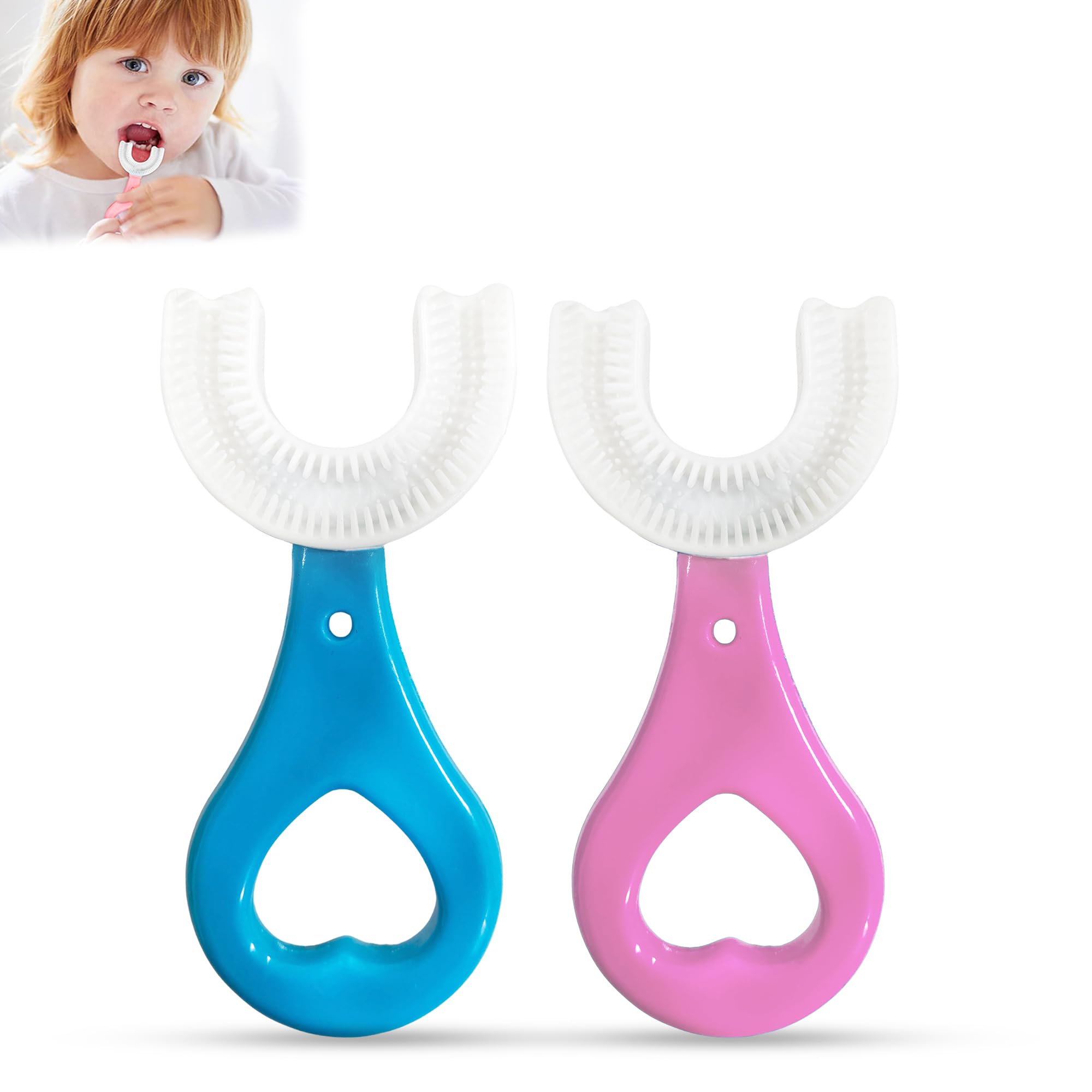 GLUN® Kids U-Shape Toothbrush, Pack of 2 Pink & Blue Colour for Girls & Boys, Up & Down Both Side Soft Silicone Bristles 360 Degree Cleaning Fun Design-image-45