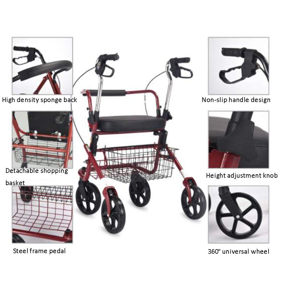 Składany rollator aluminiowy rollator chodzik składana gąbka o wysokiej gęstości oparcie siedzisko 6 kółek zdejmowany kosz na zakupy 360° uniwersalne koło odpowiednie dla osób starszych