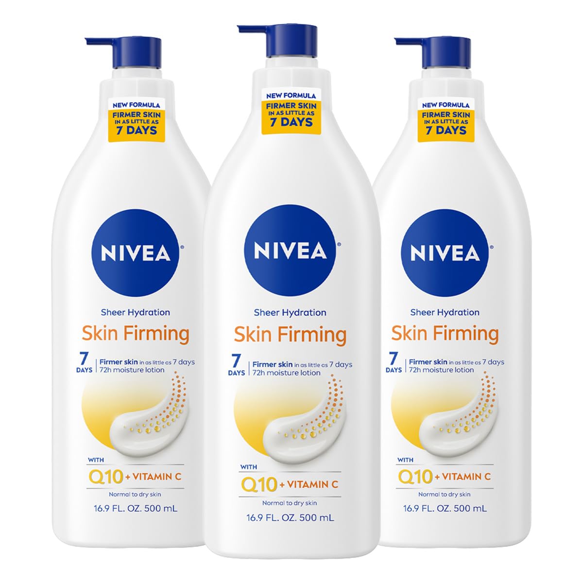 NIVEA Sheer Hydration Skin Firming Body Lotion with Q10 and Vitamin C, 72-Hour Body Moisturizer for Normal to Dry Skin, 16.9 Fl Oz Pump Bottle, Pack of 3