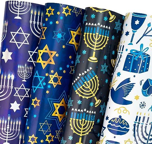 WRAPAHOLIC Hanukkah Wrapping Paper Sheet - 12 Sheets the Star of David and Candles Design Folded Flat with 12 Gift Tags for Holiday Party Celebration - 19.7 Inch X 27.5 Inch Per Sheet