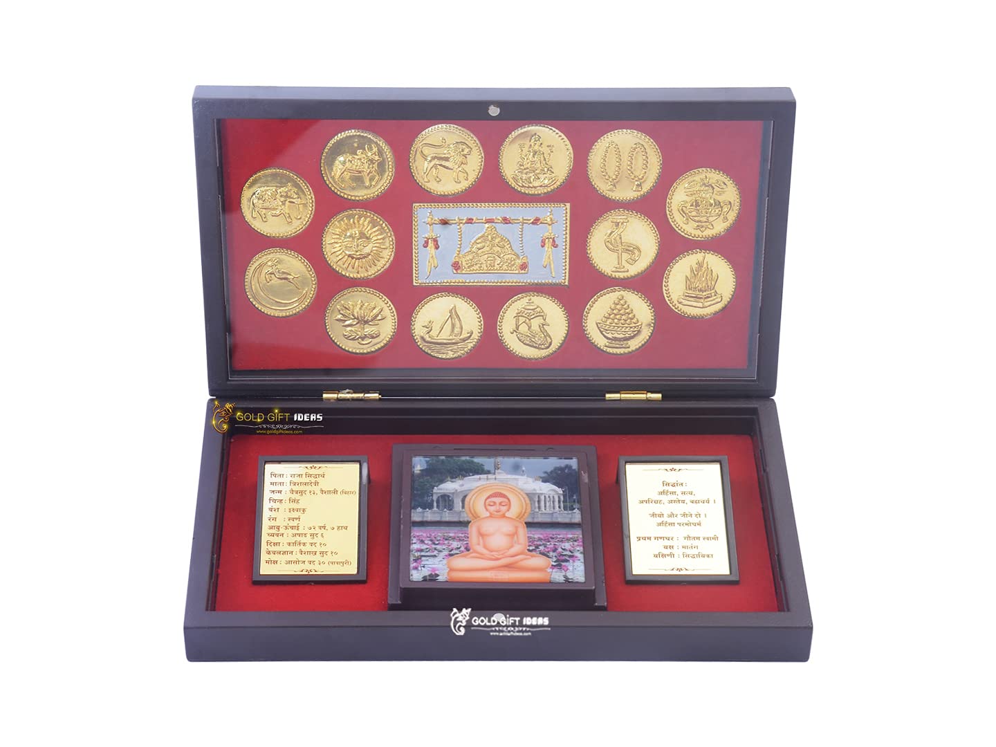 GoldGiftIdeas 24K Gold Plated Jain Mahavir Swami Photo Frame Box with Jain Religious Symbol, Decorative Return Gift, Jain Darshan Photo Frame for Home, Wooden Momento Gift