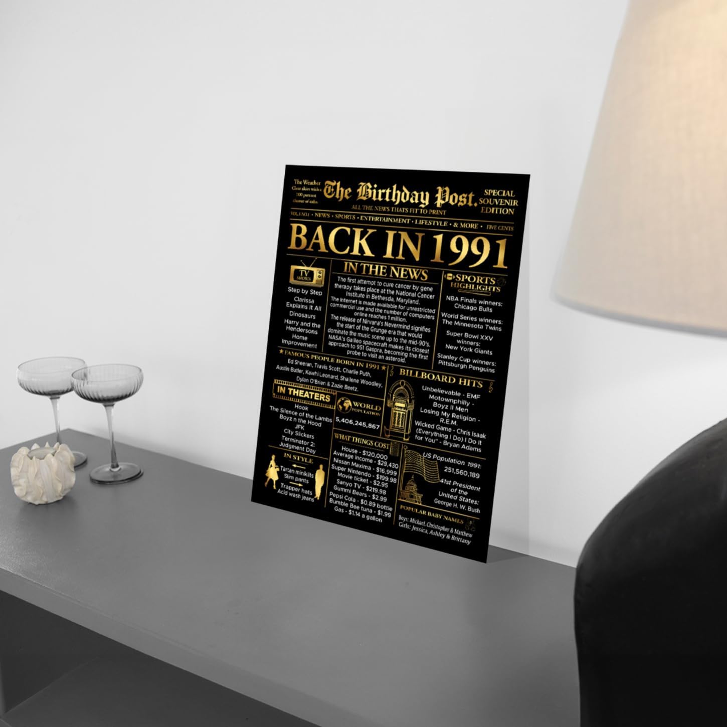 Stuff4 Gold 35th Birthday Poster Unframed - Golden Born In 1991 Newspaper - Happy 35 Birthday for Men Women Retro Vintage Gifts Back In 1991, 8x10 Inch Bday Party Decor Decoration - Image 2