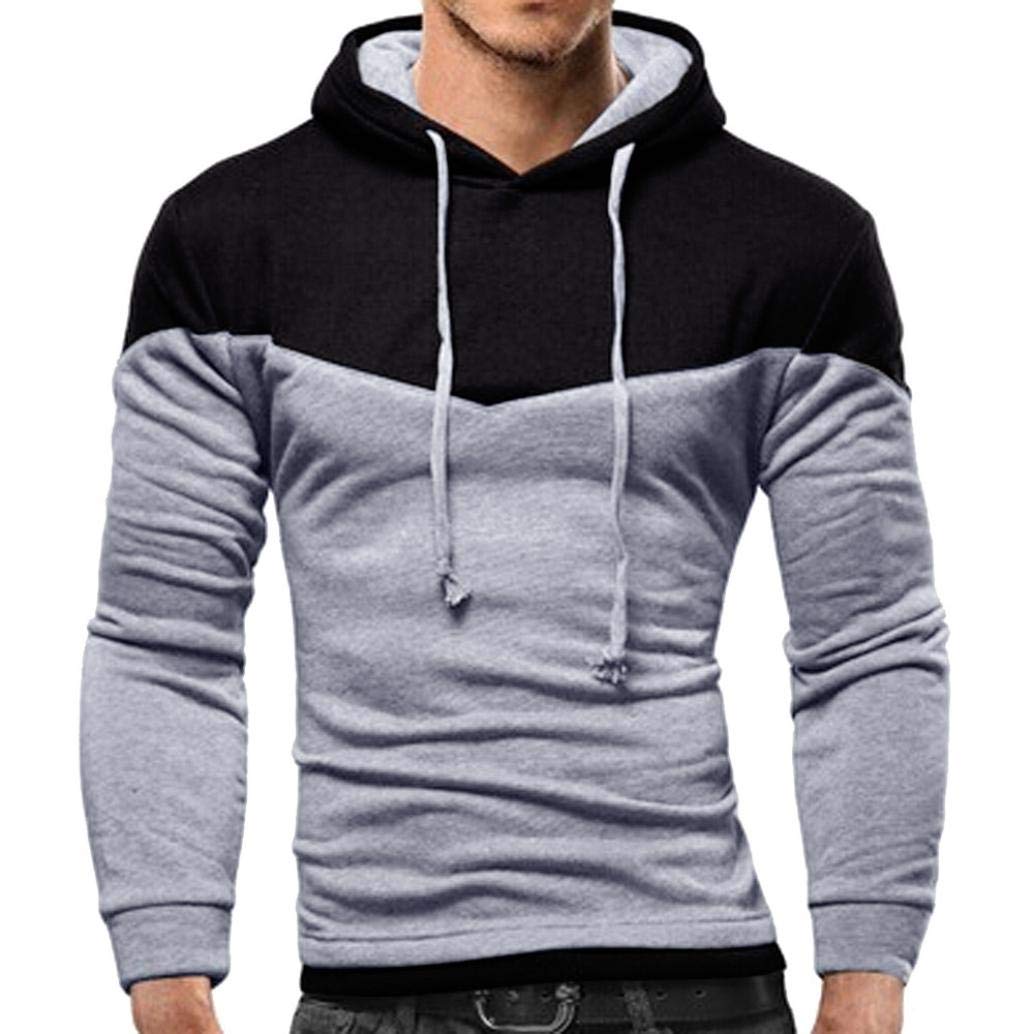 Men's Autumn Winter Hooded Sweatshirt Outwear Top Patchwork Long Sleeve Blouse